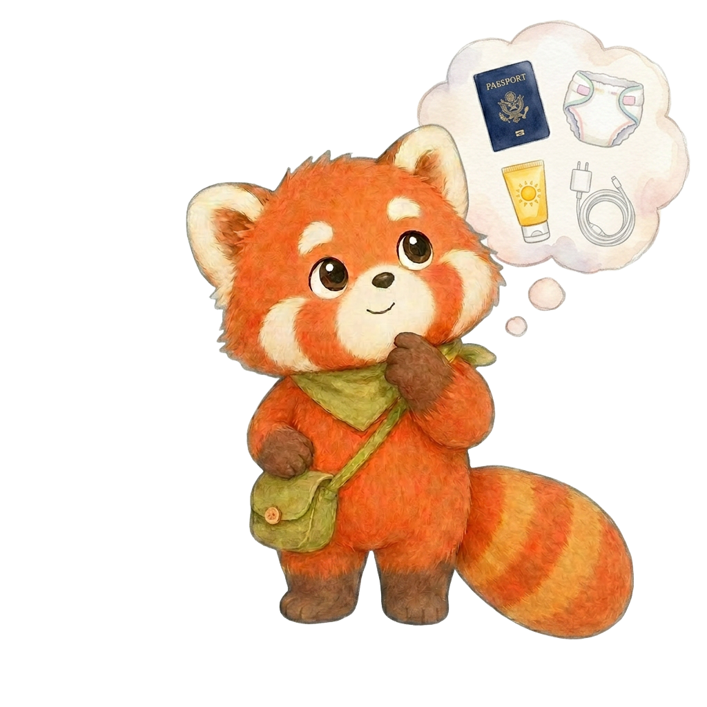 Pocco the red panda thinking about passport, diaper, sunblock and charger
